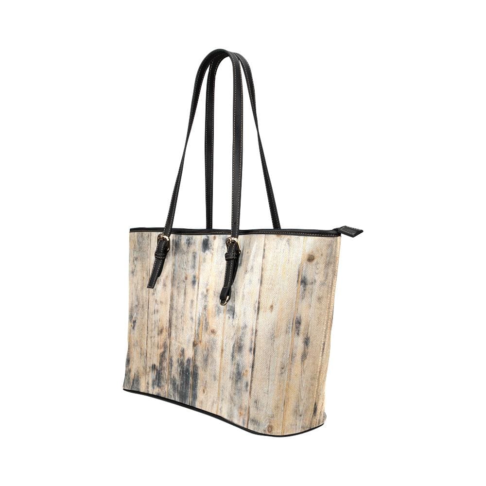 Large Leather Tote Shoulder Bag - Beige Distressed Wood Illustration - Bags