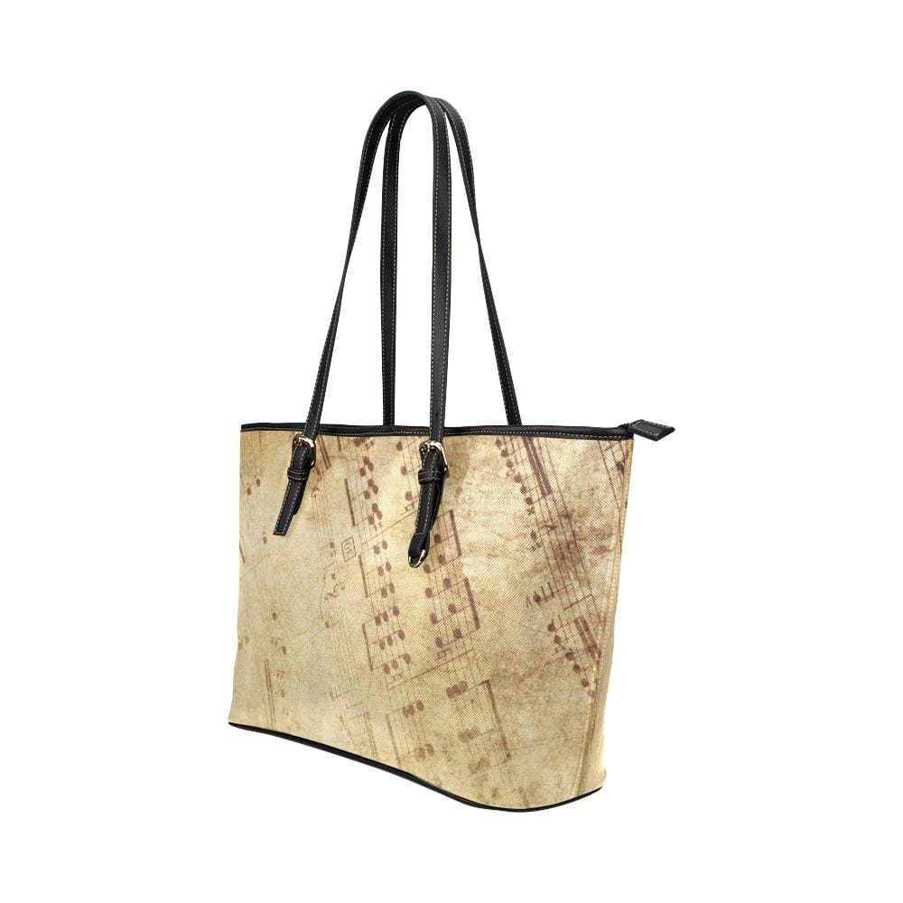 Large Leather Tote Shoulder Bag - Beige Musical Note Print - Bags | Leather