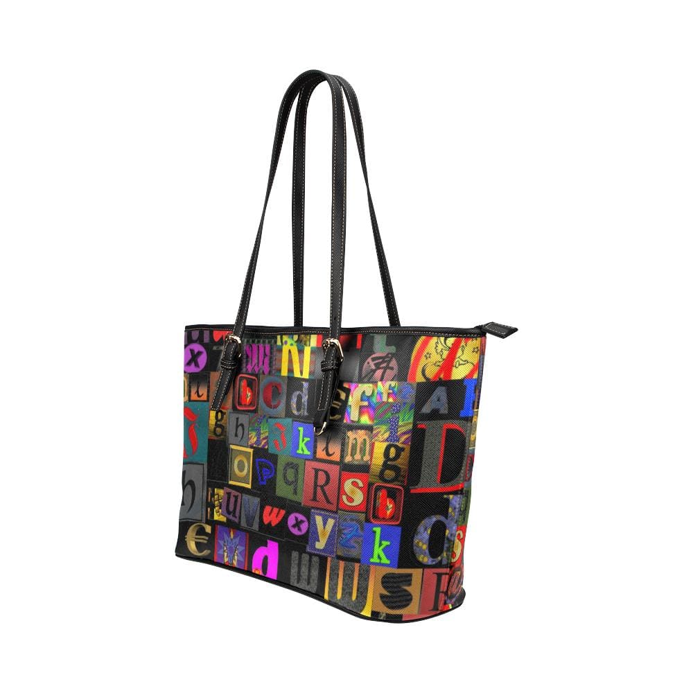 Large Leather Tote Shoulder Bag - Black Alphabet Print - Bags | Leather Tote