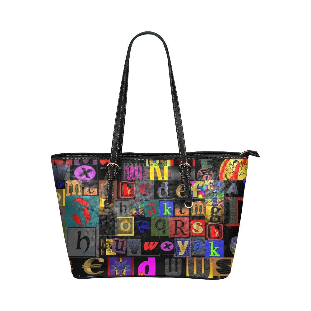 Large Leather Tote Shoulder Bag - Black Alphabet Print - Bags | Leather Tote