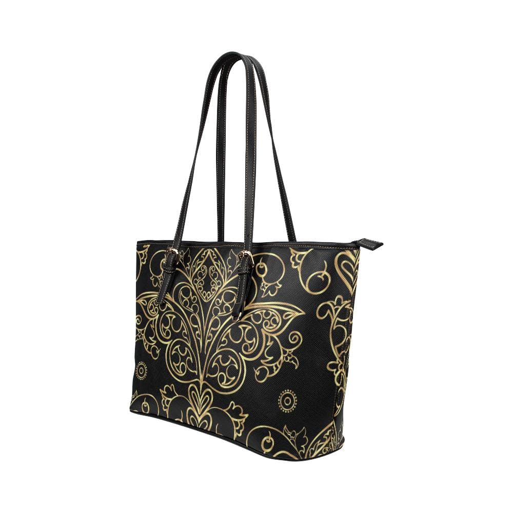 Large Leather Tote Shoulder Bag - Black and Beige Vintage Butterfly