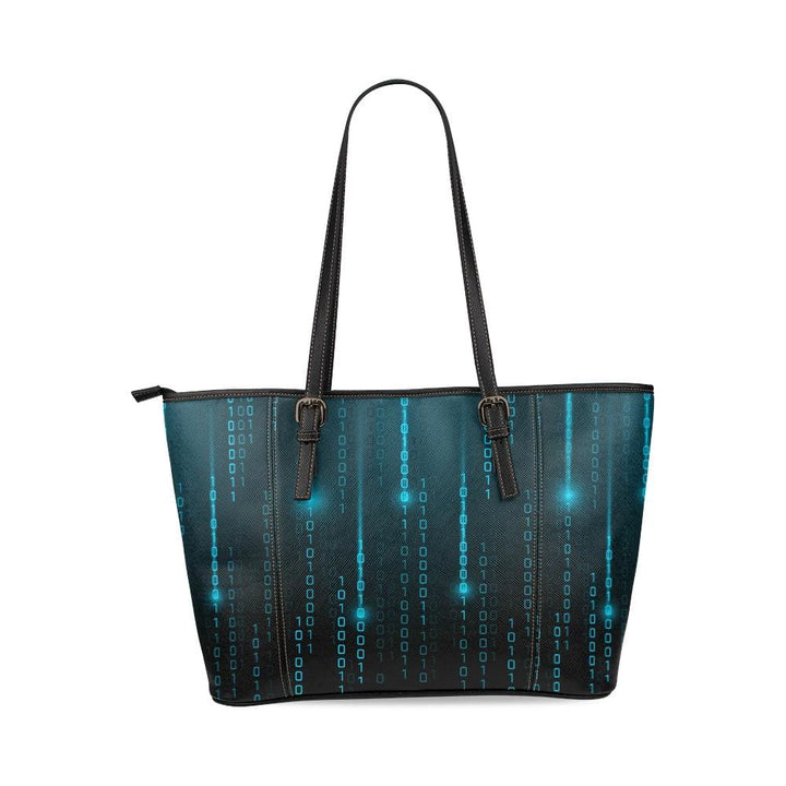 Large Leather Tote Shoulder Bag - Black and Blue Matrix Pattern Illustration