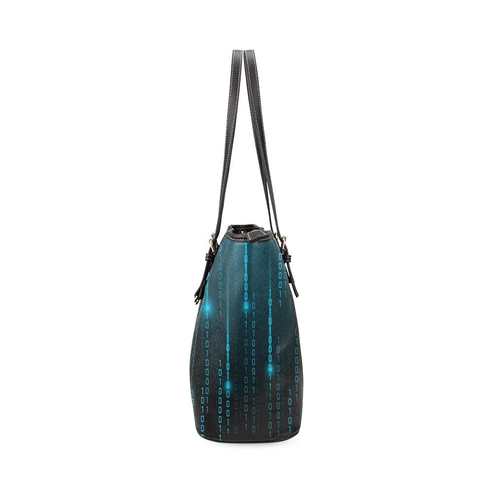 Large Leather Tote Shoulder Bag - Black and Blue Matrix Pattern Illustration