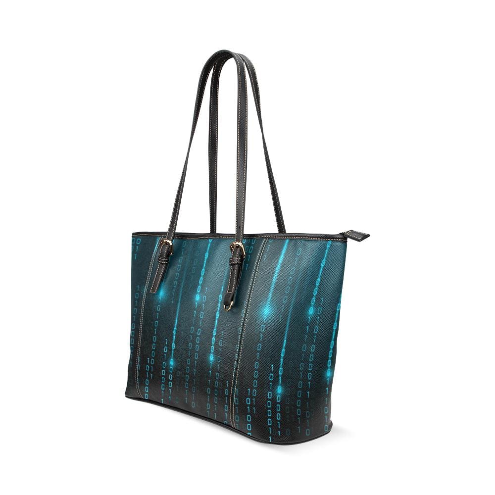 Large Leather Tote Shoulder Bag - Black and Blue Matrix Pattern Illustration