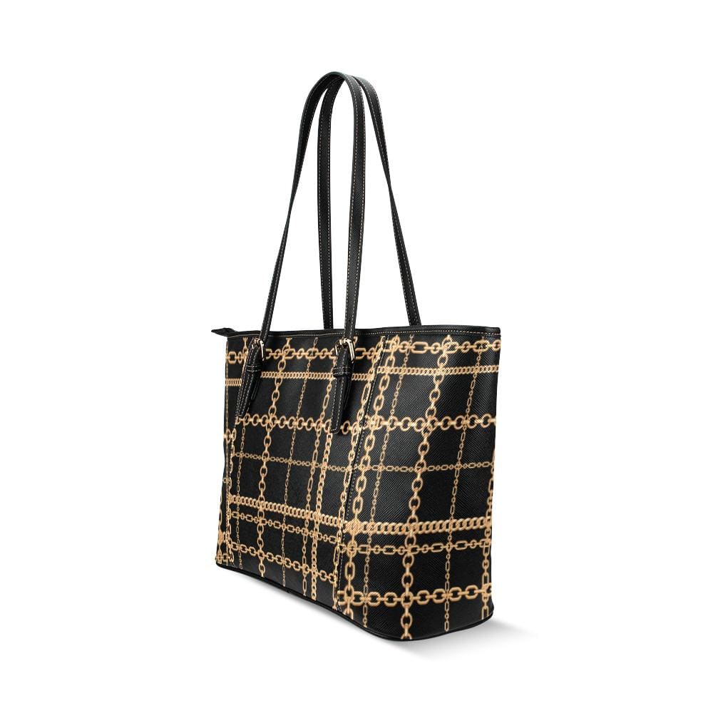 Large Leather Tote Shoulder Bag Black and Gold Chain Link Print - Bags