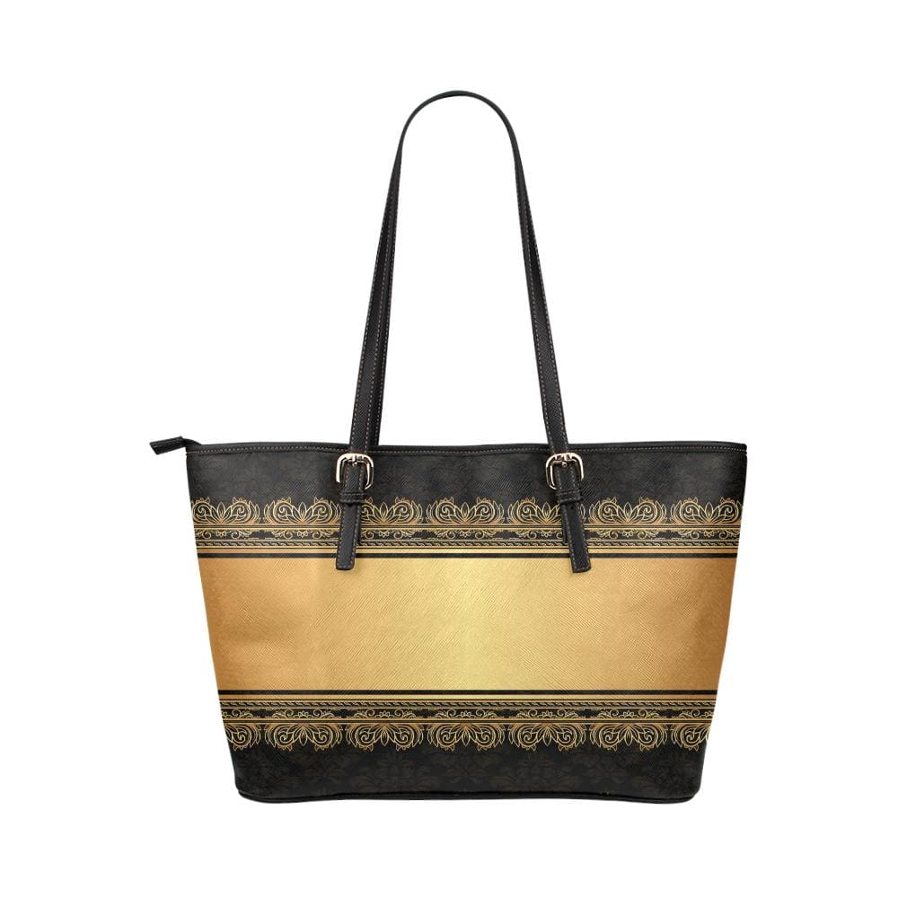 Large Leather Tote Shoulder Bag - Black and Gold Vintage Pattern Illustration