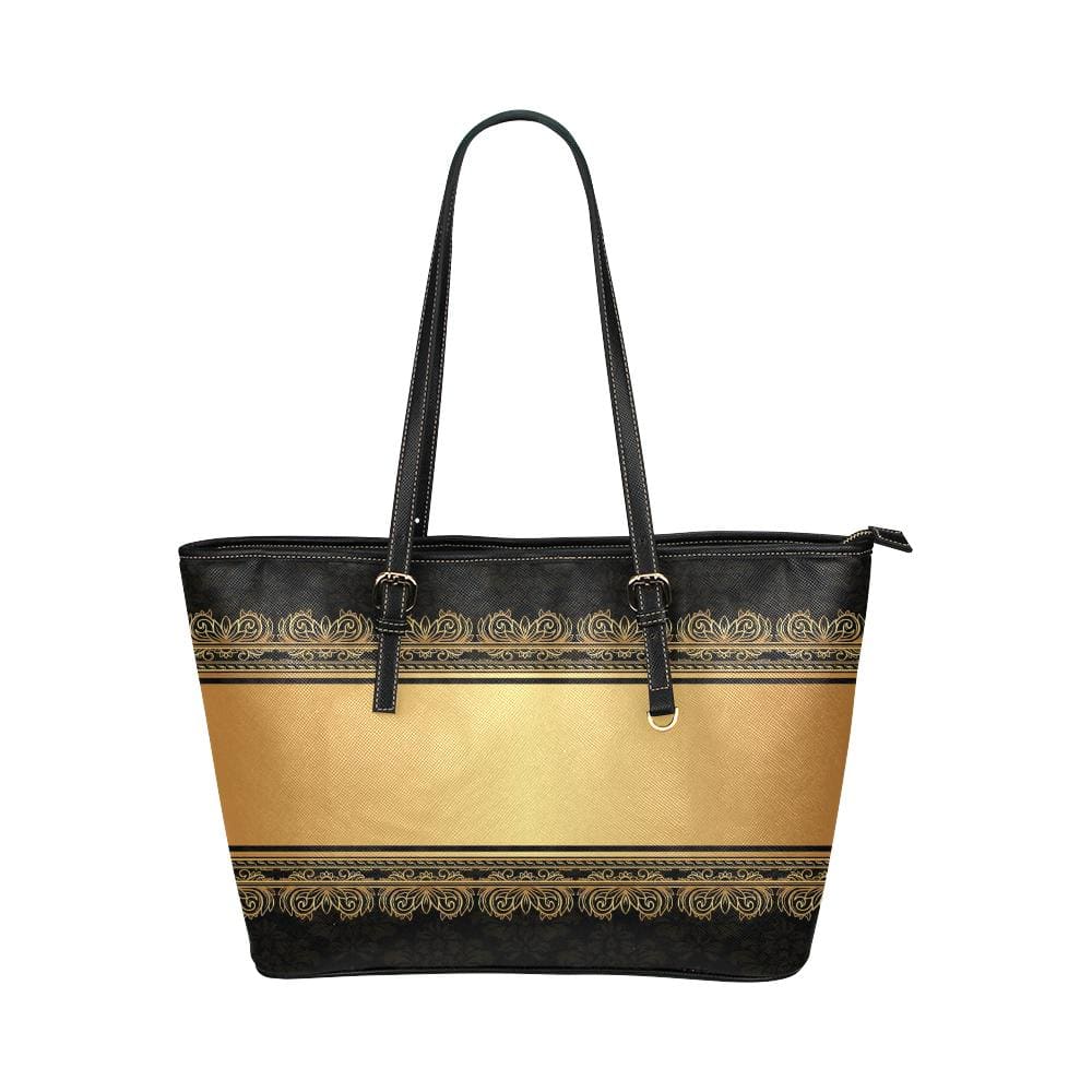 Large Leather Tote Shoulder Bag - Black and Gold Vintage Pattern Illustration