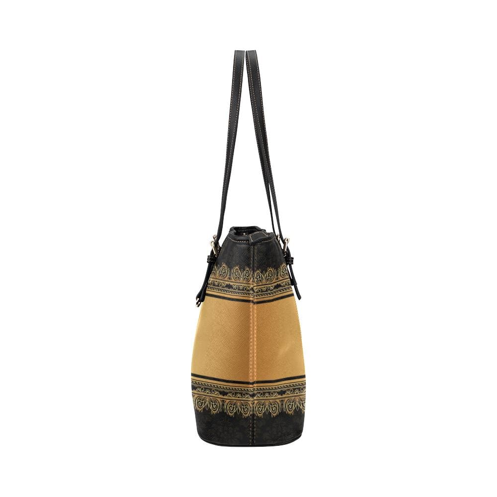 Large Leather Tote Shoulder Bag - Black and Gold Vintage Pattern Illustration