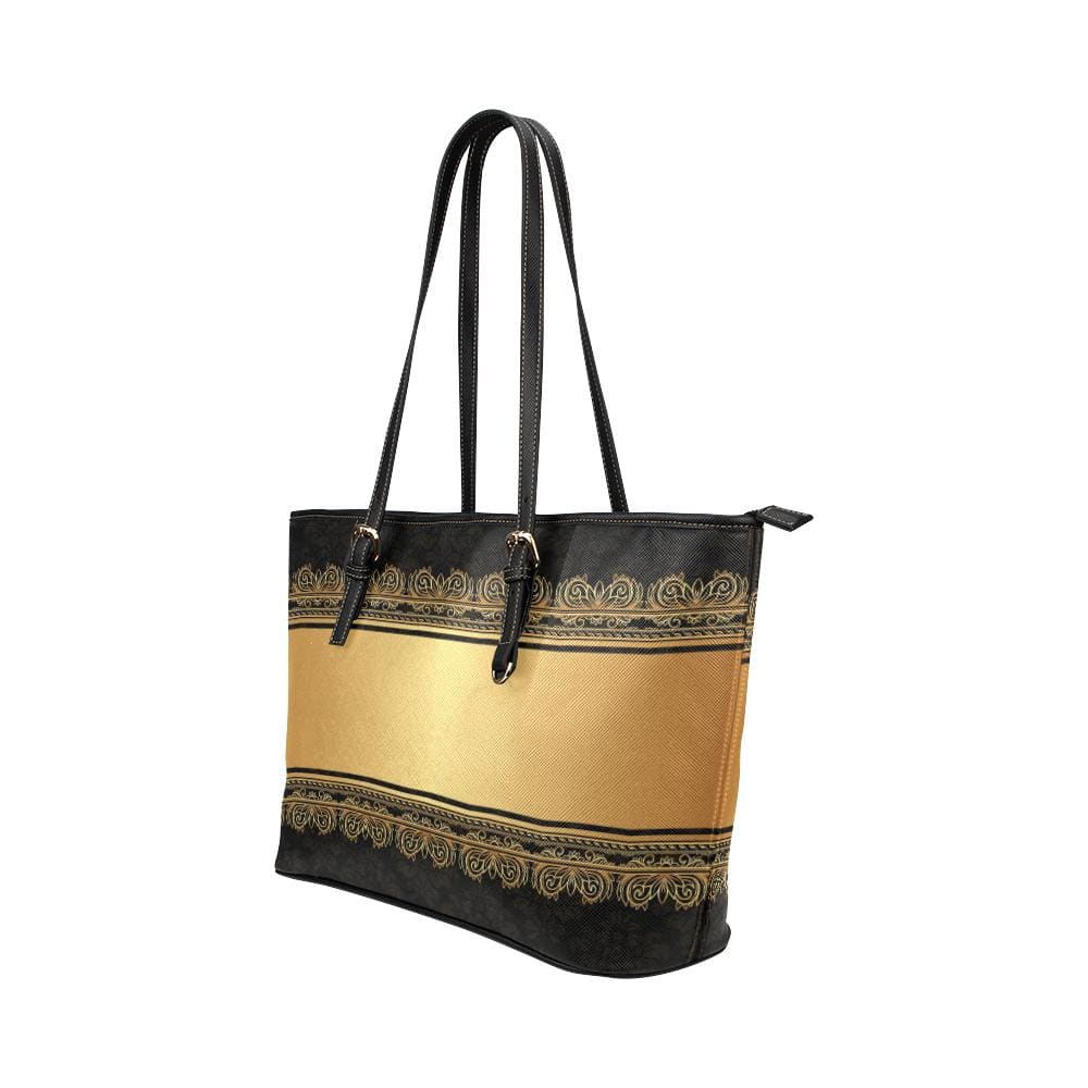 Large Leather Tote Shoulder Bag - Black and Gold Vintage Print - Bags | Leather