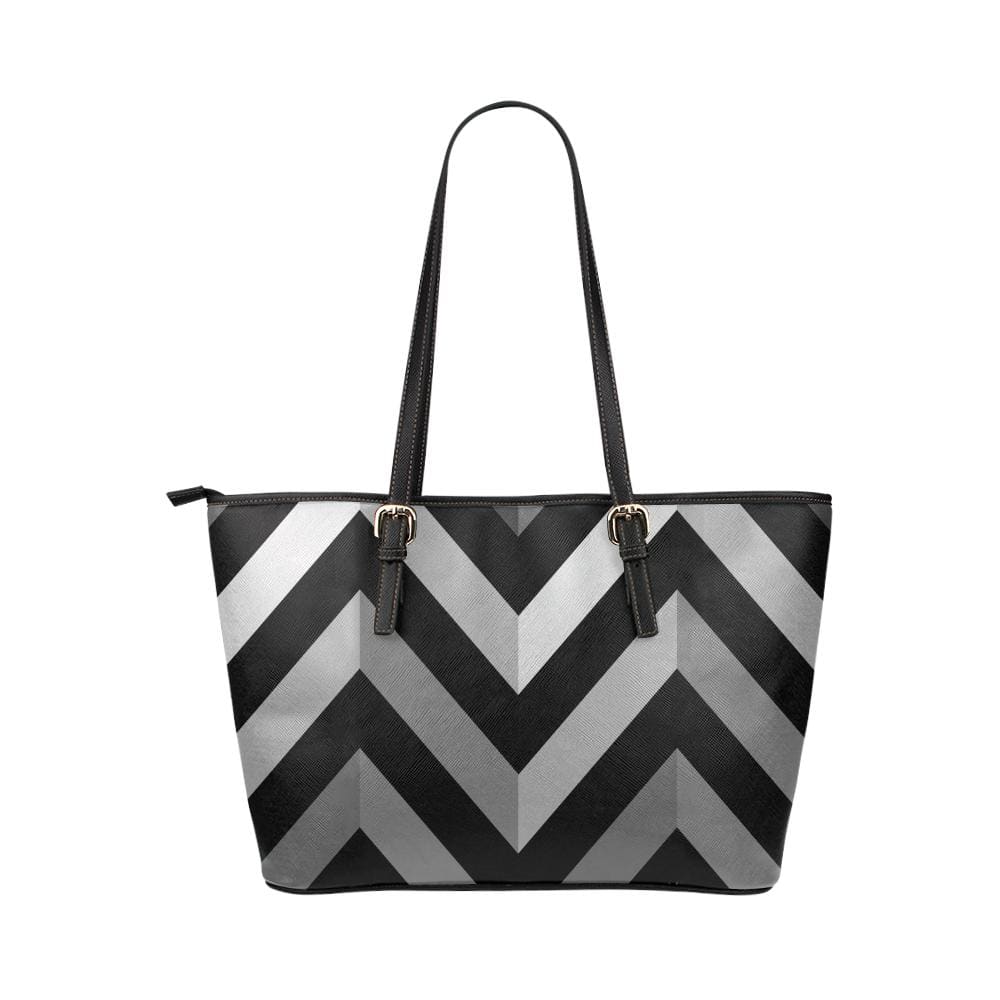 Large Leather Tote Shoulder Bag - Black and Gray Herringbone Handbag - Bags