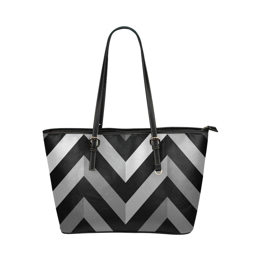 Large Leather Tote Shoulder Bag - Black and Gray Herringbone Handbag - Bags