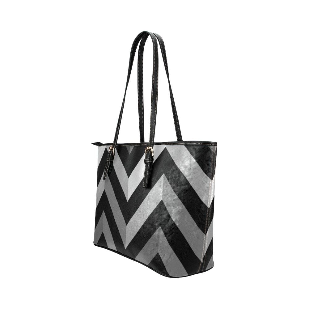 Large Leather Tote Shoulder Bag - Black and Gray Herringbone Handbag - Bags