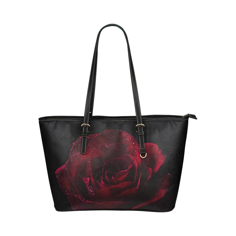 Large Leather Tote Shoulder Bag - Black and Red Stem Rose Illustration - Bags