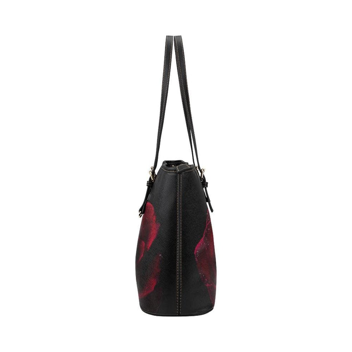 Large Leather Tote Shoulder Bag - Black and Red Stem Rose Illustration - Bags