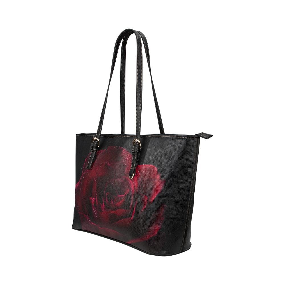 Large Leather Tote Shoulder Bag - Black and Red Stem Rose Illustration - Bags