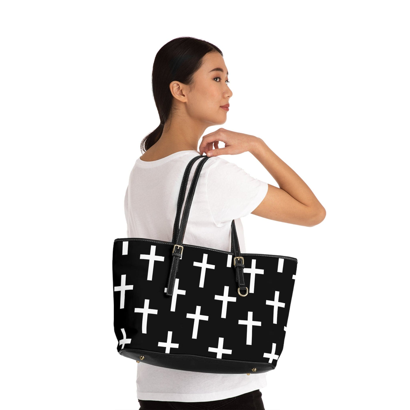 Large Leather Tote Shoulder Bag Black And White Seamless Cross Pattern - Bags