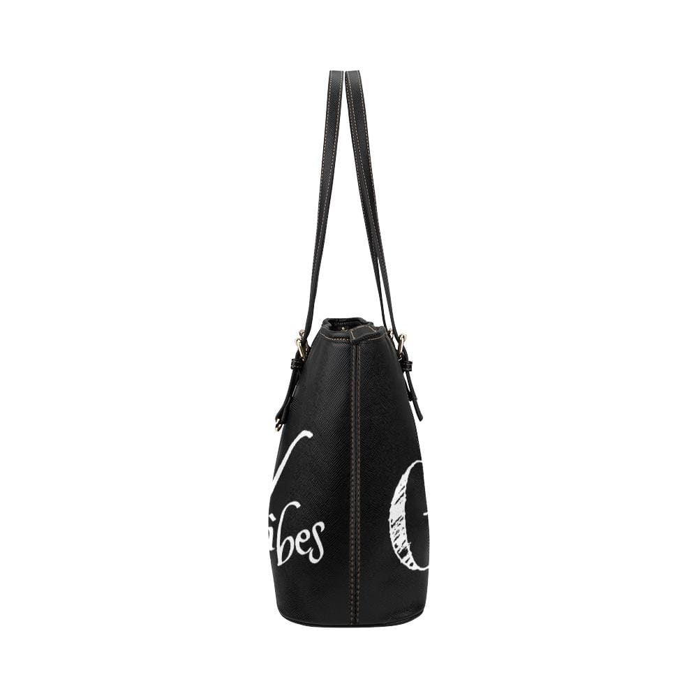 Large Leather Tote Shoulder Bag - Black Good Vibes Illustration - Bags