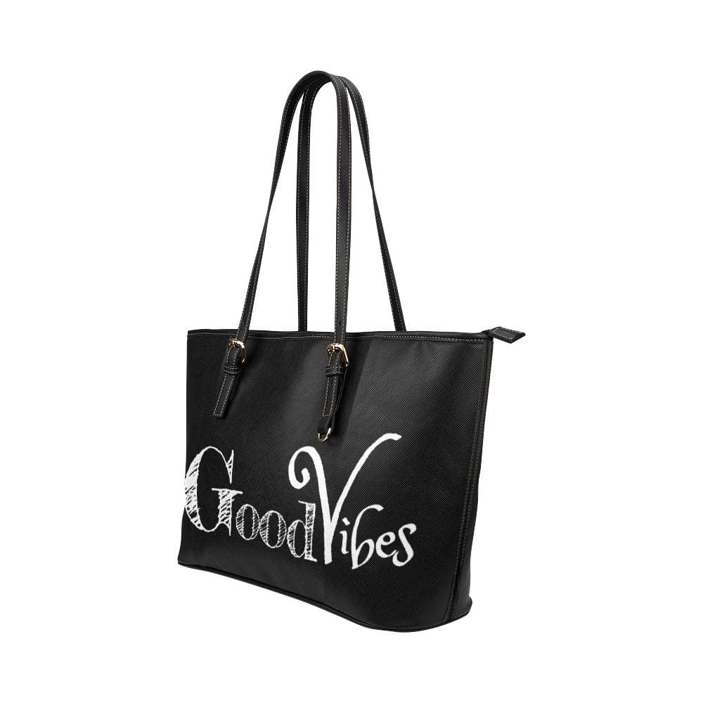 Large Leather Tote Shoulder Bag - Black Good Vibes Illustration - Bags