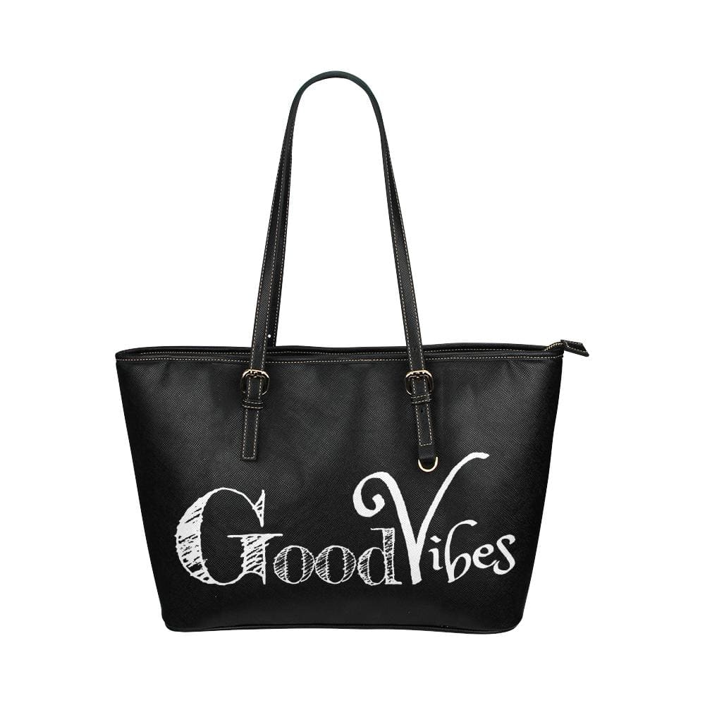 Large Leather Tote Shoulder Bag - Black Good Vibes Illustration - Bags