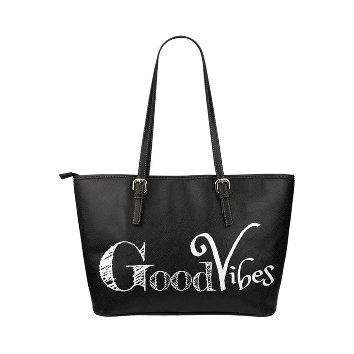 Large Leather Tote Shoulder Bag - Black Good Vibes Illustration - Bags