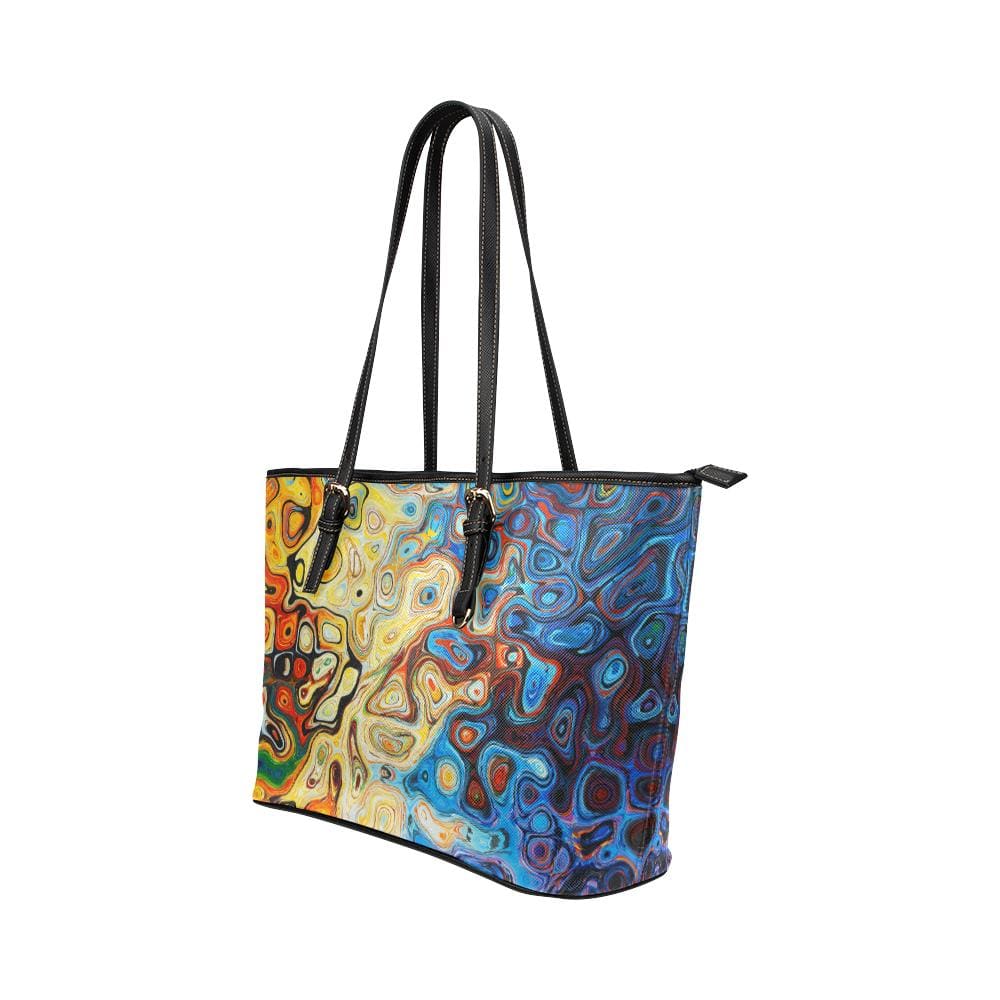 Large Leather Tote Shoulder Bag - Black Handles Mosaic Illustration - Bags