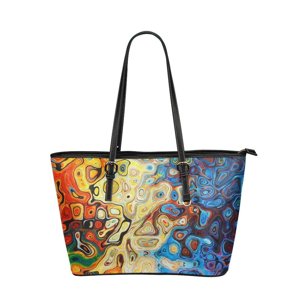 Large Leather Tote Shoulder Bag - Black Handles Mosaic Illustration - Bags