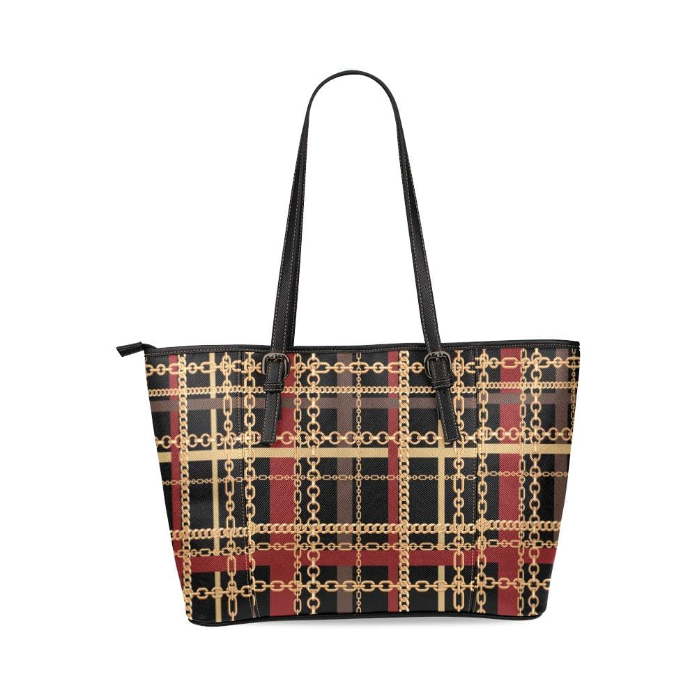 Large Leather Tote Shoulder Bag - Black Red and Gold Chain Link Pattern