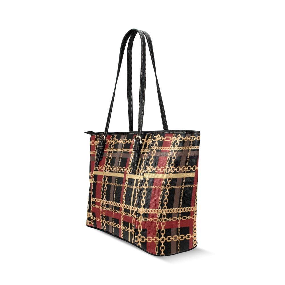 Large Leather Tote Shoulder Bag - Black Red and Gold Chain Link Print - Bags