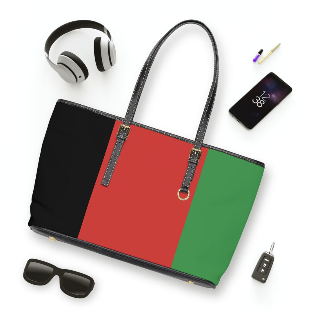 Large Leather Tote Shoulder Bag Black Red Green Stripped - Bags | Leather Tote