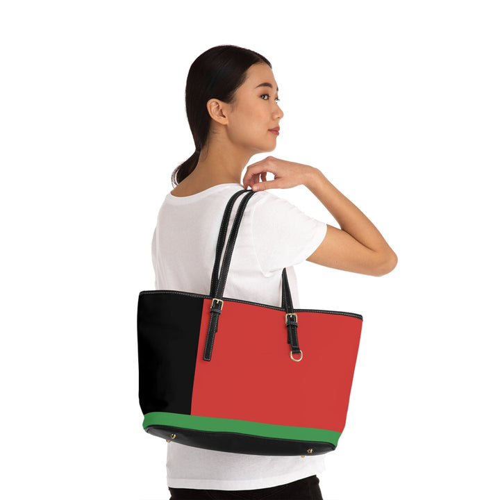 Large Leather Tote Shoulder Bag Black Red Green Stripped - Bags | Leather Tote