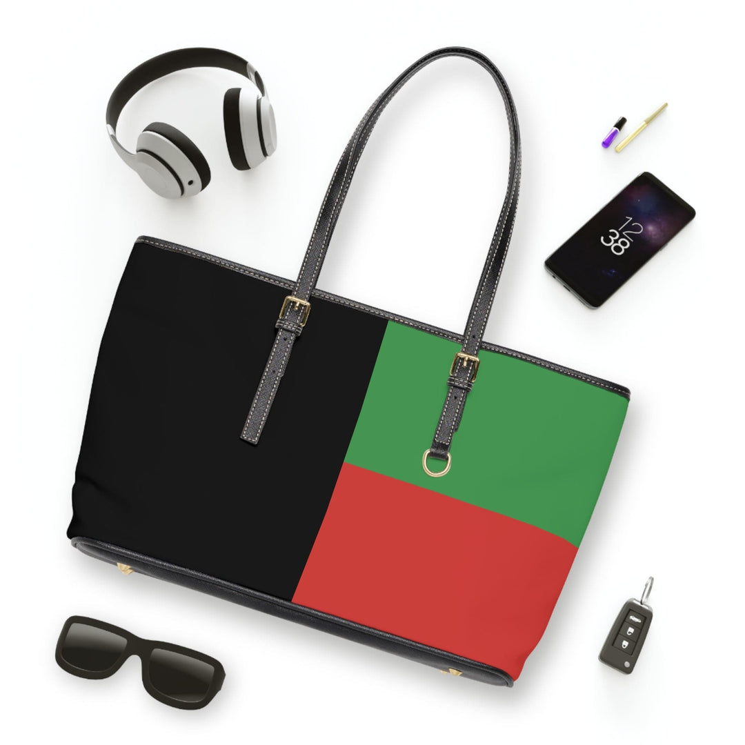 Large Leather Tote Shoulder Bag Black Red Green Stripped - Bags | Leather Tote