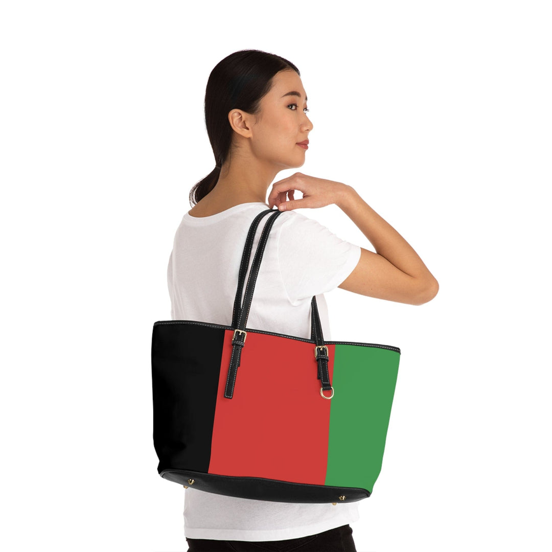 Large Leather Tote Shoulder Bag Black Red Green Stripped - Bags | Leather Tote