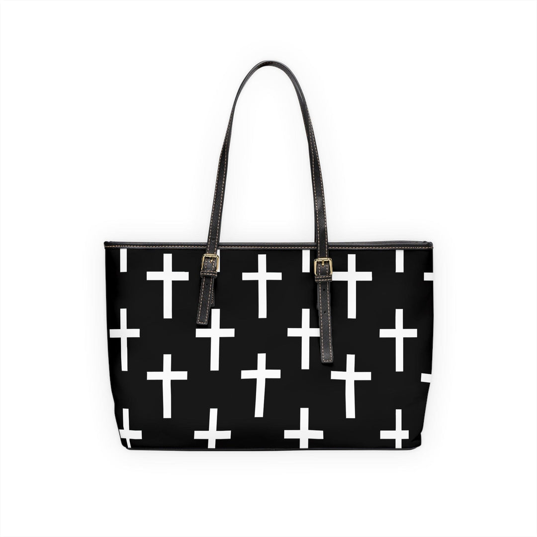 Large Leather Tote Shoulder Bag Black White Cross Print - Bags | Leather Tote