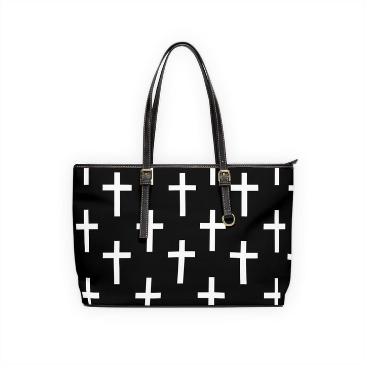 Large Leather Tote Shoulder Bag Black White Cross Print - Bags | Leather Tote