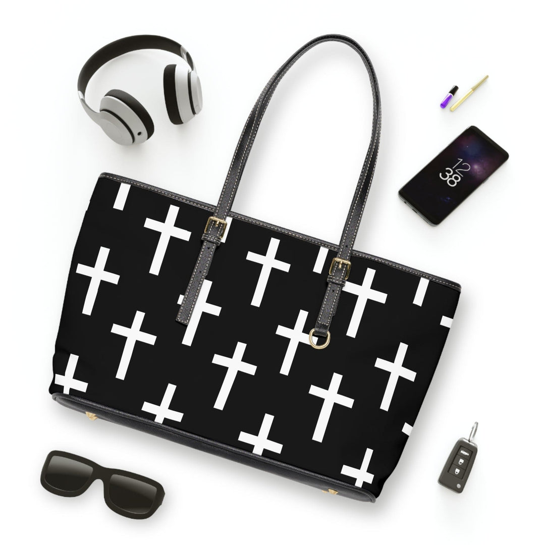 Large Leather Tote Shoulder Bag Black White Cross Print - Bags | Leather Tote