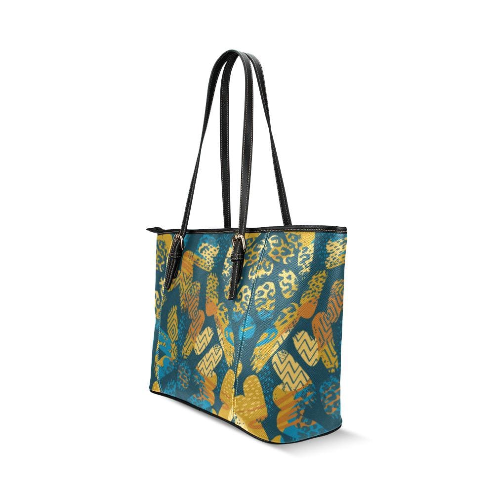 Large Leather Tote Shoulder Bag - Blue Geometric Print - Bags | Leather Tote