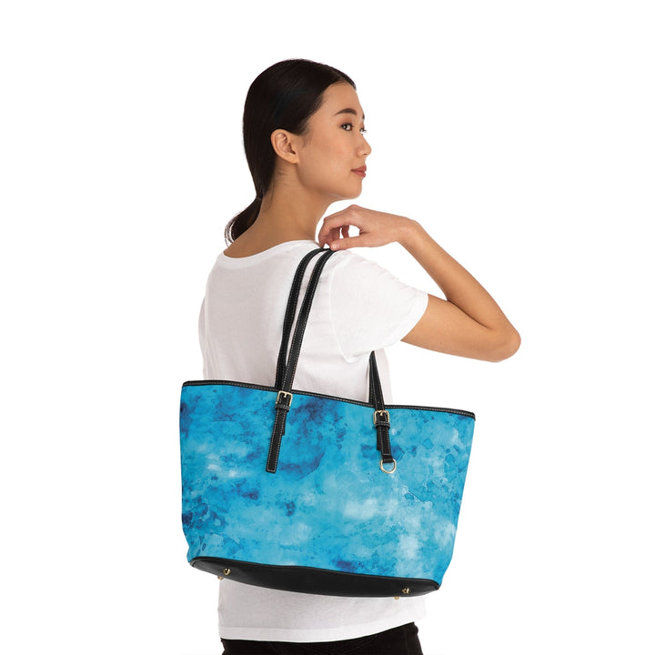 Large Leather Tote Shoulder Bag Blue Marble Print - Bags | Leather Tote Bags