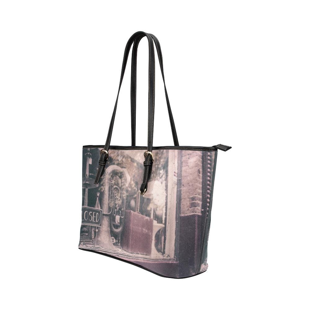 Large Leather Tote Shoulder Bag - Brown and Black Rustic Illustration - Bags