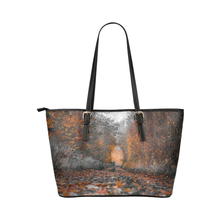 Large Leather Tote Shoulder Bag - Brown Autumn Pattern Illustration - Bags