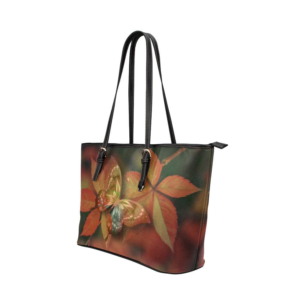 Large Leather Tote Shoulder Bag - Brown Butterfly Print - Bags | Leather Tote