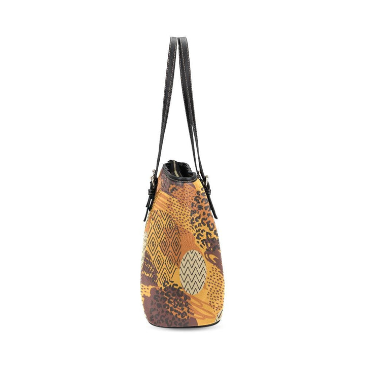 Large Leather Tote Shoulder Bag - Brown Geometric Pattern Illustration - Bags