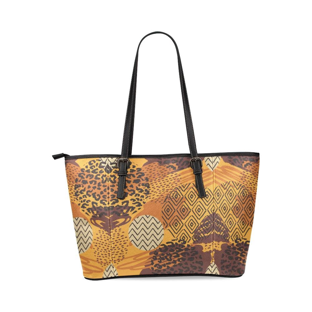 Large Leather Tote Shoulder Bag - Brown Geometric Pattern Illustration - Bags