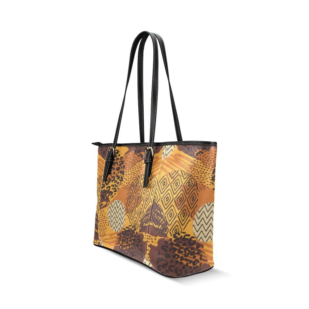 Large Leather Tote Shoulder Bag - Brown Geometric Print - Bags | Leather Tote