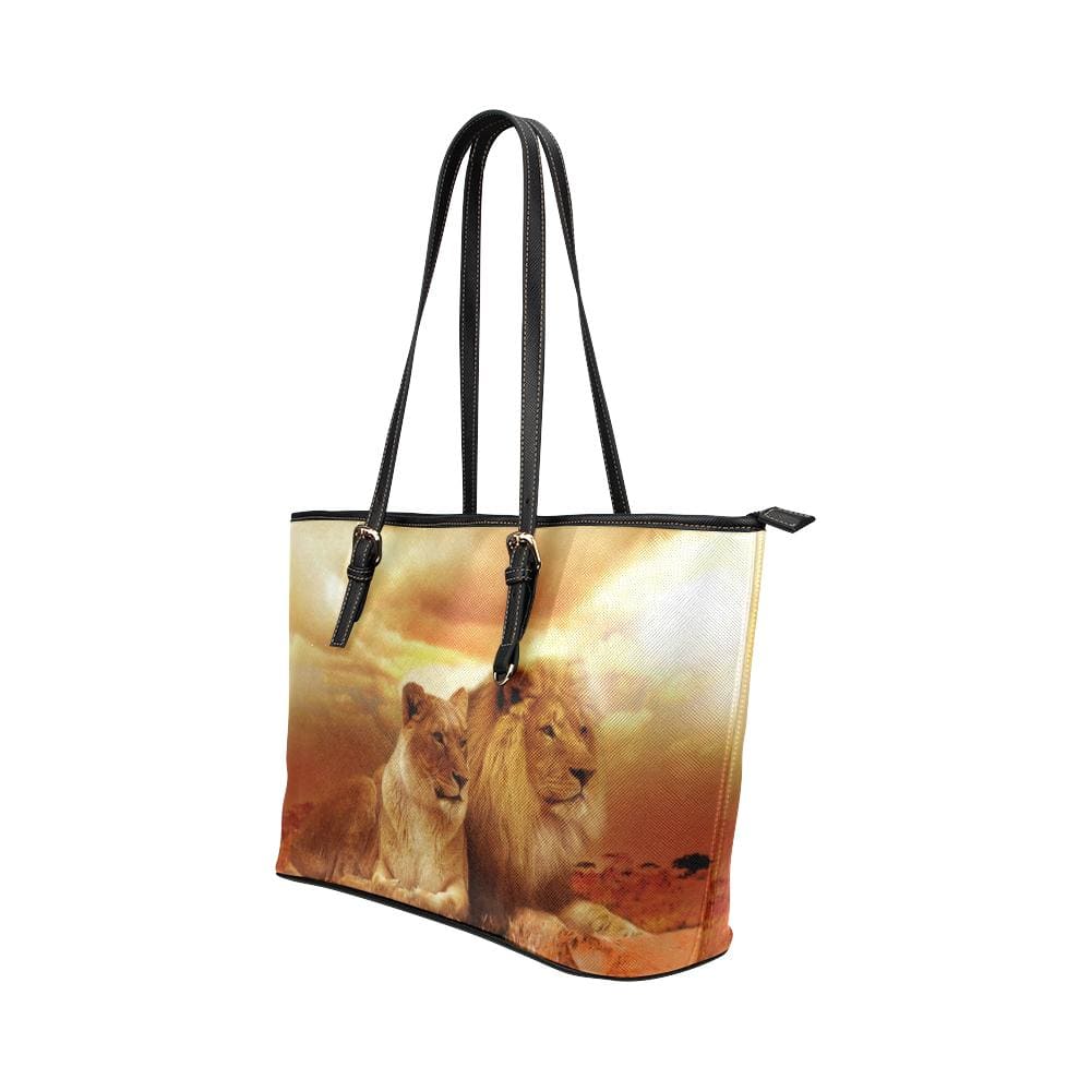 Large Leather Tote Shoulder Bag - Brown Lion and Lioness Illustration - Bags