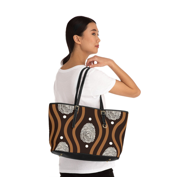 Large Leather Tote Shoulder Bag Brown White Geometric Lines - Bags | Leather