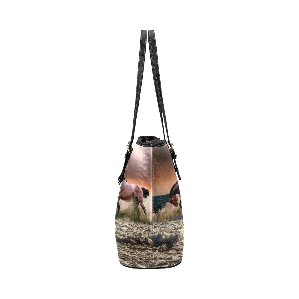 Large Leather Tote Shoulder Bag - Brown Wild Horses Illustration - Bags