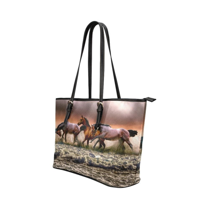 Large Leather Tote Shoulder Bag - Brown Wild Horses Illustration - Bags