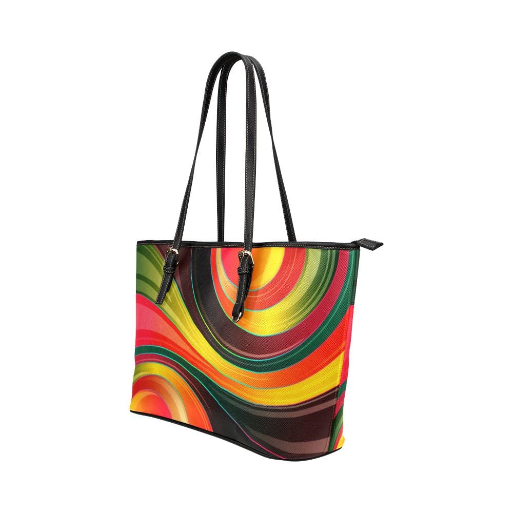 Large Leather Tote Shoulder Bag - Colorful Circular Swirl Illustration