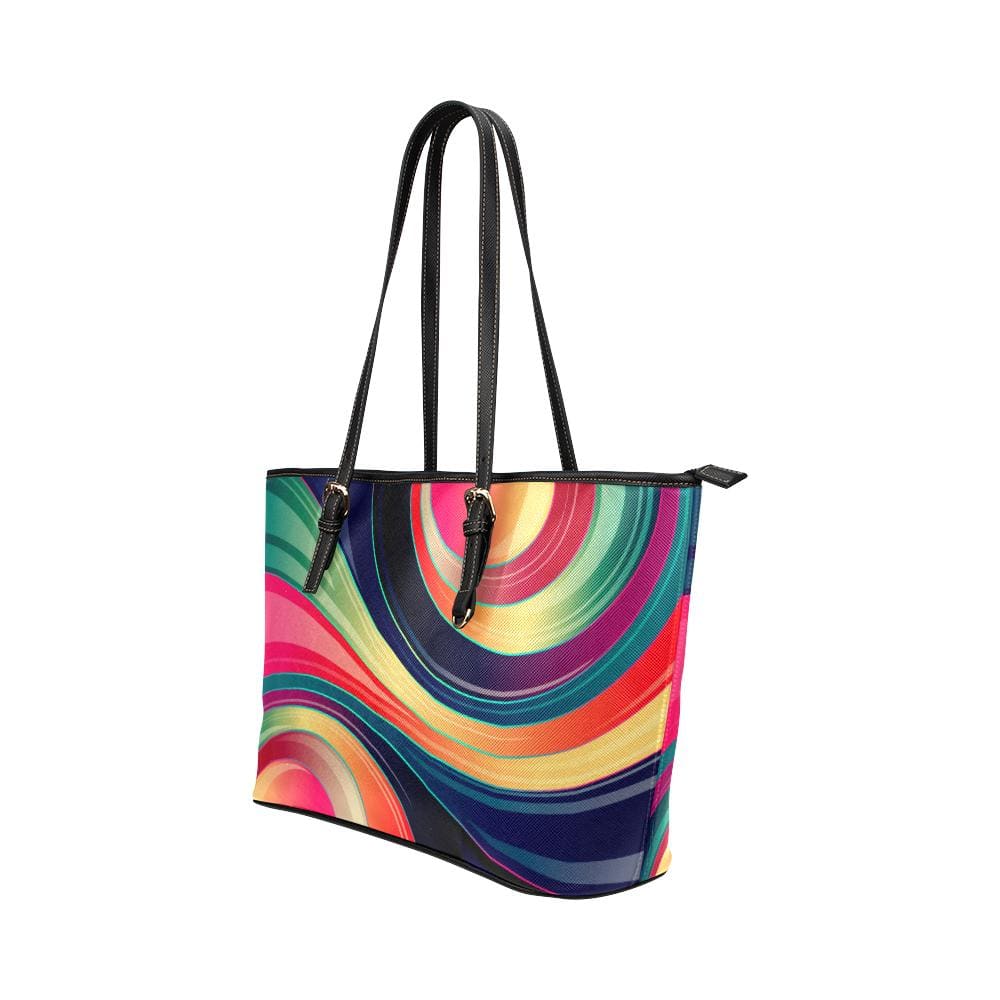 Large Leather Tote Shoulder Bag - Colorful Circular Swirl Illustration