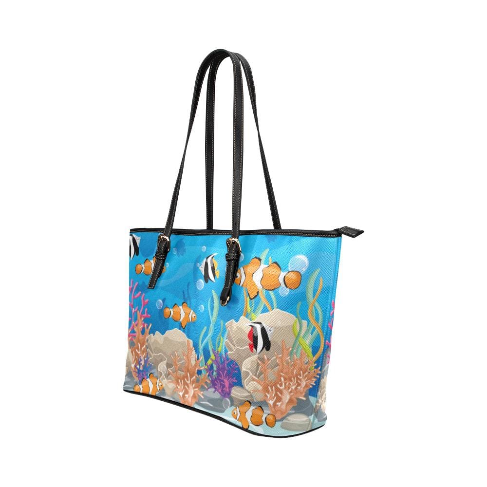 Large Leather Tote Shoulder Bag - Coral Reef Sea Life Multicolor Illustration